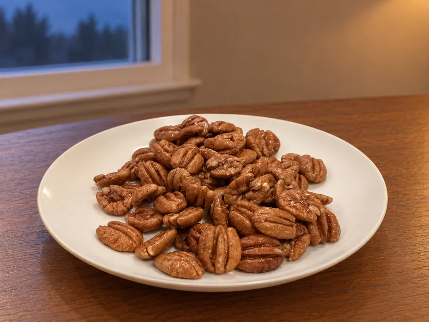 Maple-coated pecan halves on an ivory plate